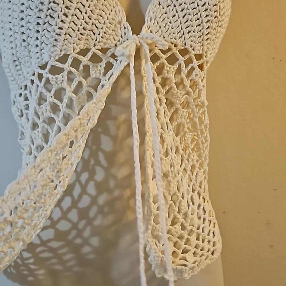 Hand Crafted Crochet Crop-Top Handmade Fishnet Swim Design Cream Summer Layer OS - Picture 12 of 17